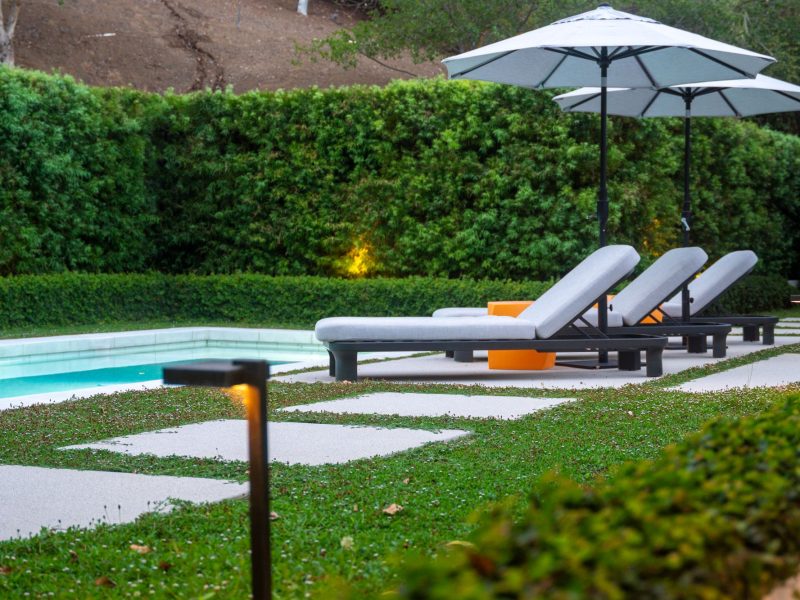 Modern lounge seating beside a rectangular swimming pool framed by lush green privacy hedges.