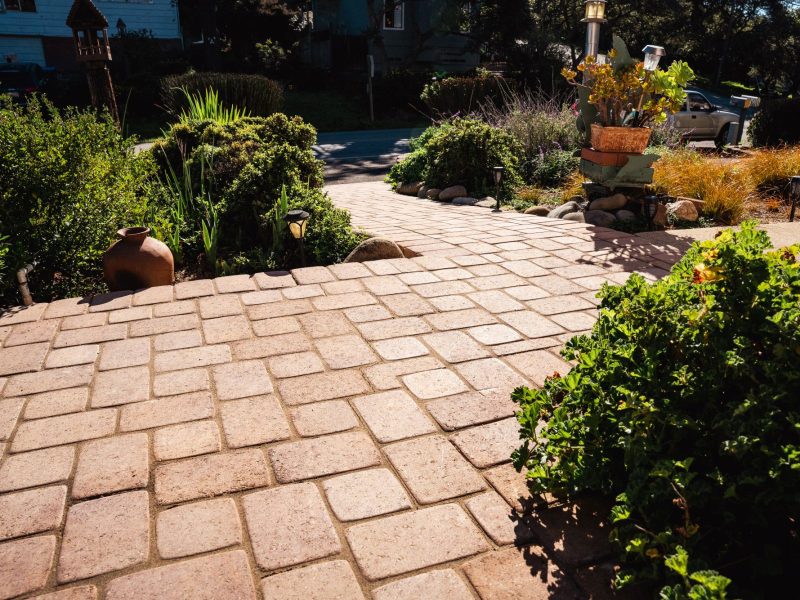 Custom paver walkway installation in San Luis Obispo featuring interlocking pavers and landscaped planting beds.