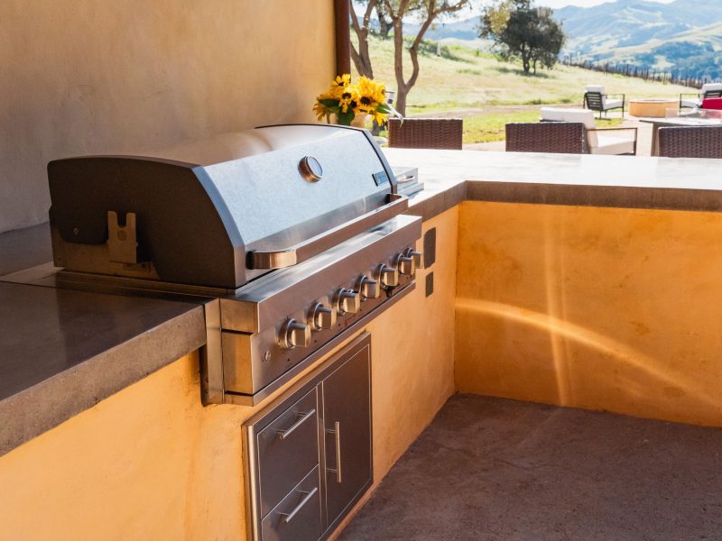 Stainless steel built-in BBQ grill installed in a custom outdoor kitchen in San Luis Obispo.