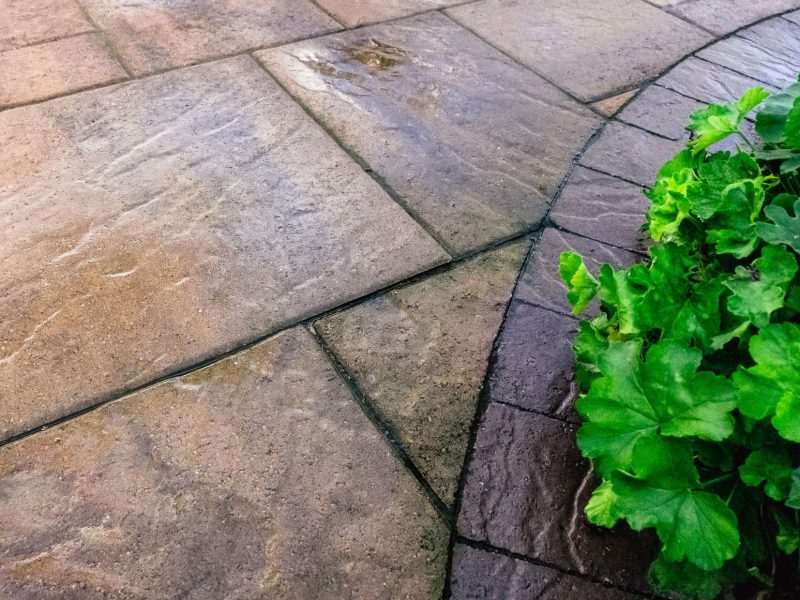 Close-up of decorative paver patio with curved border and textured finish installed in a Santa Maria backyard.