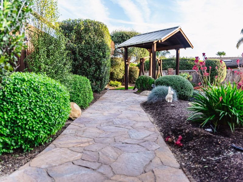 Curved stamped concrete garden walkway leading through landscaped beds toward a wooden pergola in Shell Beach.